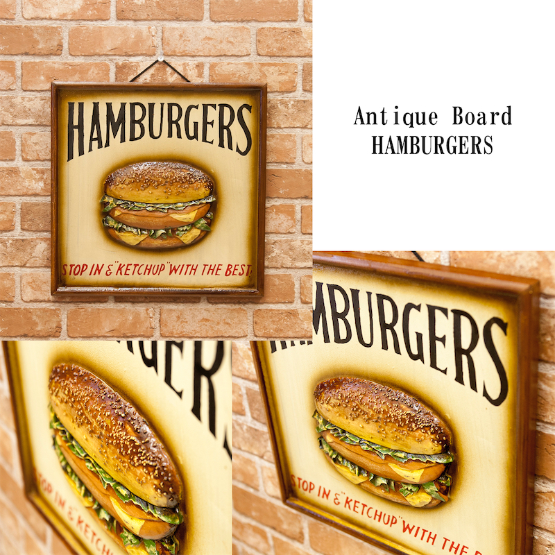 ハンバーガー木製看板 アンティーク風ボード[ハンバーガー] HUMBURGERS