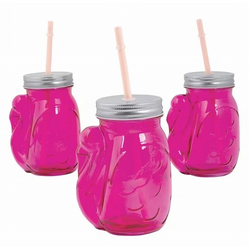 メイソンジャーFlamingo Jar Glasses with Lids & Straws 約14cm(約470ml)　USA輸入