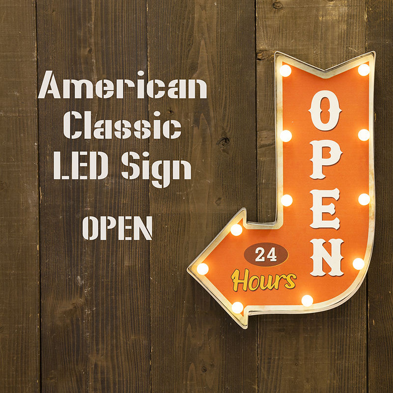 LED看板オープン アメリカンクラシック LED Sign（OPEN）矢印型看板 LED 単三×2本 W36 x D4.8 x H53 cm アメリカンインテリア  Toy's雑貨SUZUYA